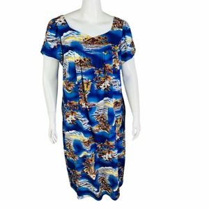 The Hawaii Original Womans Sz Large Dress Blue Floral VTG House Dress Moo Moo